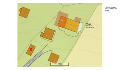 Situasjonsplan som viser tomtens beliggenhet, nabolag, stier og et planlagt tilbygg med angitte mål og arealer (BRA og BYA).