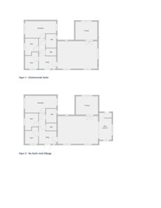 Bildet viser to etasjeplaner (plantegninger) for en hytte. Øverste plan viser den eksisterende bygningen, mens den nedre viser en ny plan med et tilbygg.