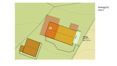 Situasjonsplan som viser tomt med eksisterende og planlagt bygning (tilbygg), med angitte mål og arealopplysninger.
