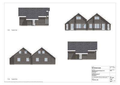 Fasadetegning som viser bygningens utseende fra nord og vest.