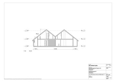 Snittegning (Snitt B) av en dobbelthytte med mål og høyder.
