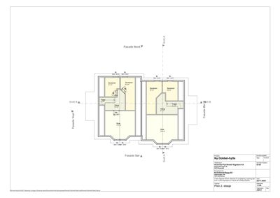 Etasjeplan (Plan 2. etasje) for en ny dobbelthytte, som viser romfordeling og fasader.