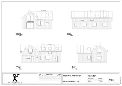 Fasadetegning som viser bygningens utseende fra alle fire sider (Nord, Øst, Vest, Sør) med opplysninger om eksisterende og nye vinduer.
