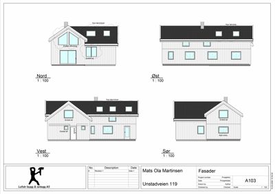 Fasadetegning som viser bygningens utsyn fra fire sider (Nord, Øst, Vest, Sør) med skala 1:100.