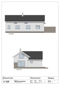 Tegning som viser fasadeopprikk for bygningen sett fra øst og nord.