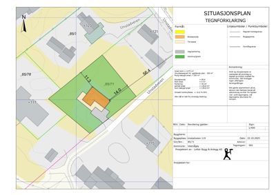 Situasjonsplan som viser tomtens grenser, nabolag, bebyggelse og formål for ulike arealer.