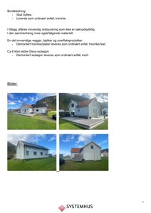 Fotografier av en hvit, trepanelt hytte sett fra ulike vinkler, inkludert etasjeplan og fasade.