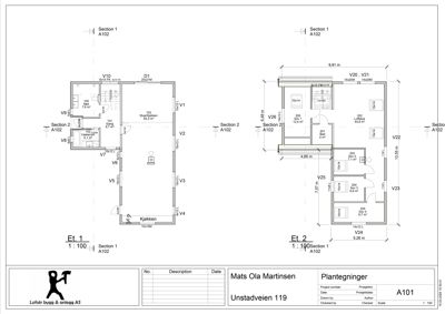 Plantegning som viser romfordeling og dimensjoner for etasjene 1 og 2 i en bolig.