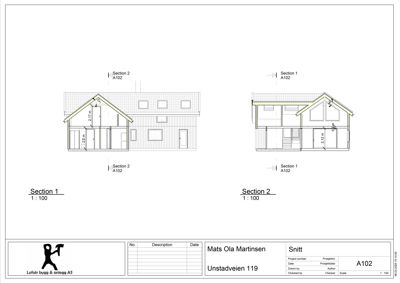 Snittegning (Section) som viser tverrsnitt gjennom bygningen med mål på høyder og romfordeling.