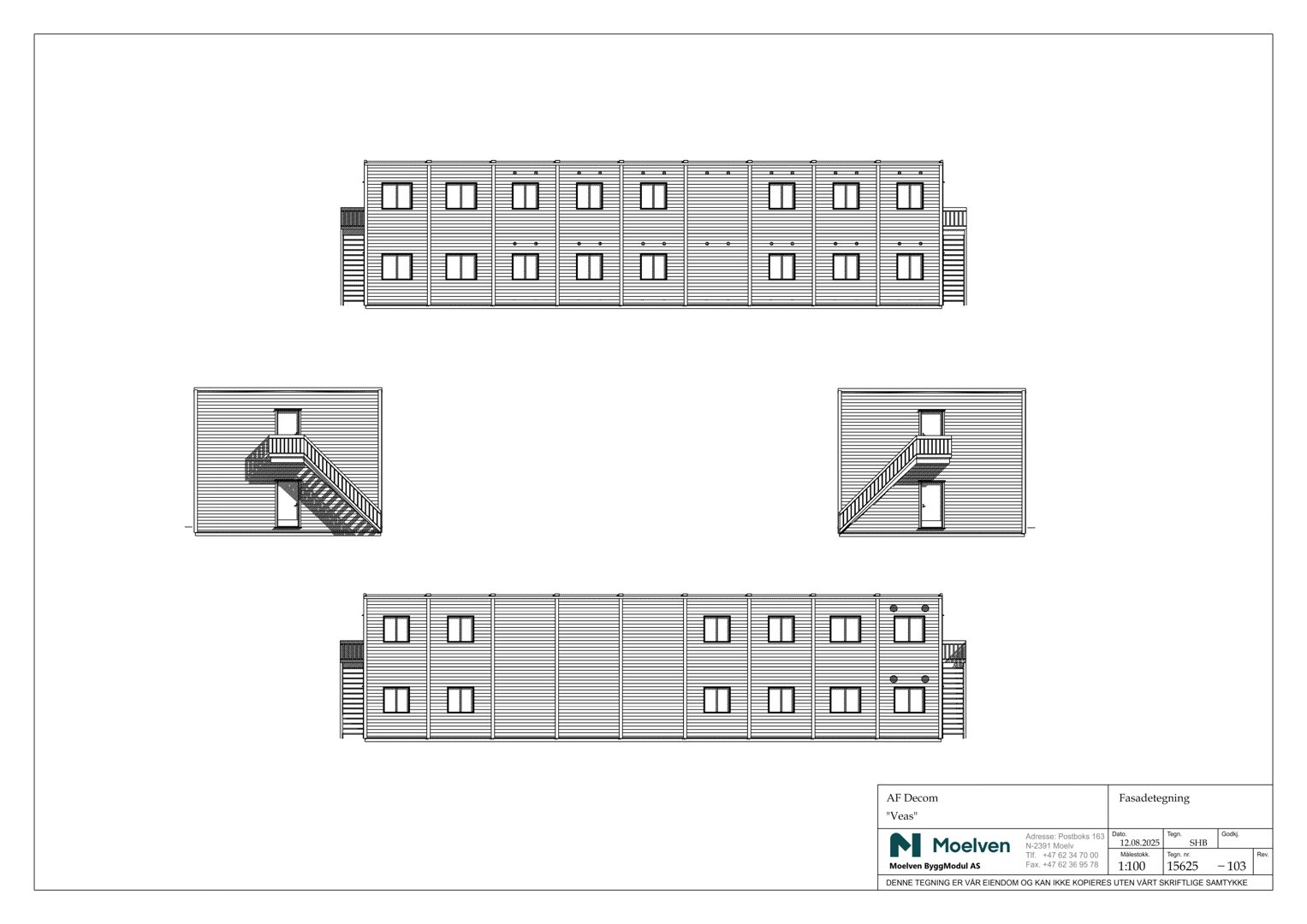 Fasadetegning som viser bygningens utseende fra flere vinkler, inkludert etasjeplan og detaljer for trapper.