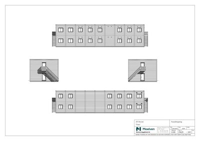 Fasadetegning som viser bygningens utseende fra flere vinkler, inkludert etasjeplan og detaljer for trapper.