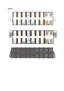 Bildet viser en tegning med tre deler: to etasjeplaner (floor plans) som viser romfordeling og en fasadetekning (elevation) av bygningen sett fra siden.