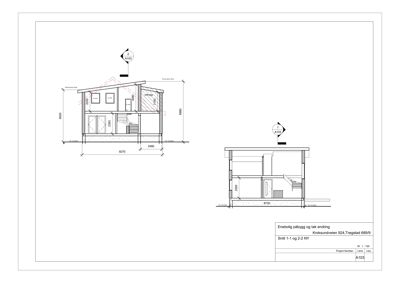 Snittegning som viser tverrsnitt gjennom enebolig (Snitt 1-1 og 2-2), inkludert høyder, takform og romoppdeling.