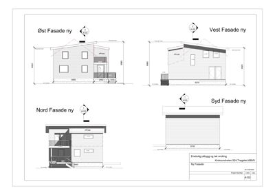 Fasadetegning som viser oppriss av bygningens fire sider (Øst, Vest, Nord og Syd) med mål og detaljer.