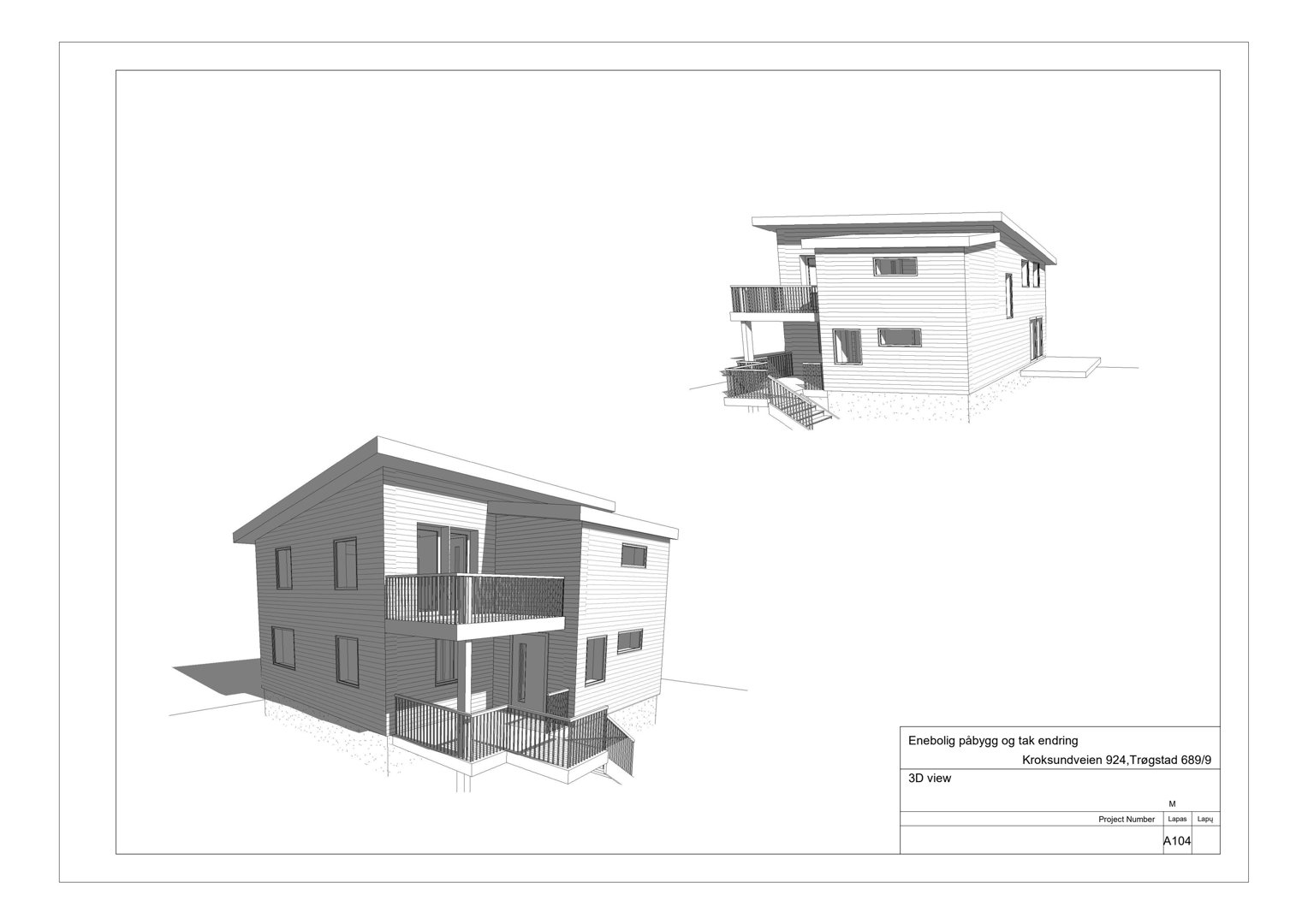 3D-visualisering av et enebolig påbygg og takendring, vist fra ulike vinkler.