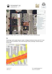 Bildet viser en situasjonsplan eller et kartutsnitt som illustrerer bygningens plassering i forhold til støysoner (fargekodet) og trafikkveier.