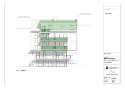 Fasadetegning av et nytt bygg eller tilbygg ved Nedre Enggate 20, med oppriss av fasade Øst og fargeindikasjoner for nytt tak.