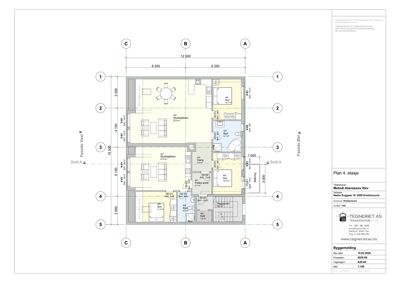Etasjeplan for 4. etasje som viser romfordeling, dimensjoner og snittlinjer.