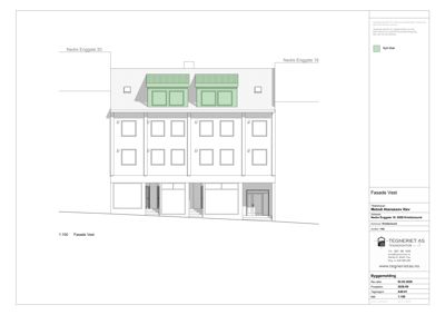 Fasadetegning som viser bygningens utseende fra vest, med vinduer, dører og takkonstruksjon.