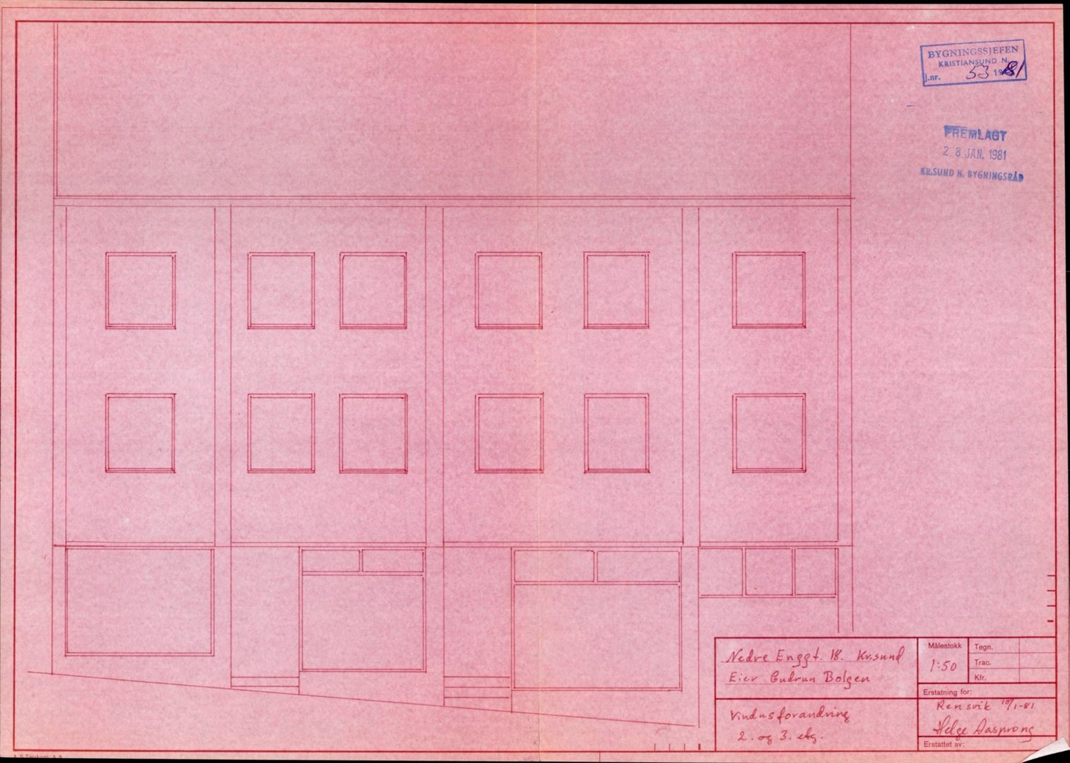 Fasadetegning som viser fasadeoppsettet til en bygning med vinduer og inngang.