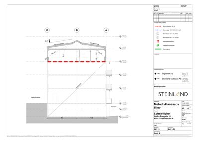 Snittegning (Brannplan) som viser bygningens tverrsnitt, høyder, etasjer og brannklassifisering.