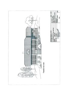Fasadetegning av en bygning sett fra vest, med detaljer om vinduer, tak og omgivelser.