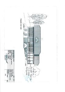 Fasadetegning av en bygning sett fra vest, med detaljer om vinduer, tak og omgivelser.