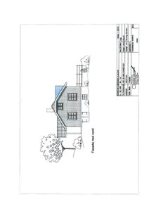 Fasadetegning av en bolig sett fra nord med detaljer om tak, vinduer og omgivelser.