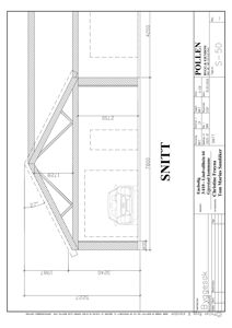 Snittegning (SNITT) som viser tverrsnittet av en garasje med bil, mål og konstruksjonsdetaljer.