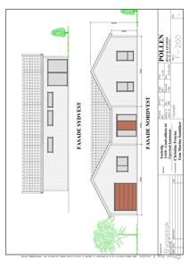 Fasadetegning som viser oppriss av bygning sett fra nordvest og sydvest med mål og detaljer.