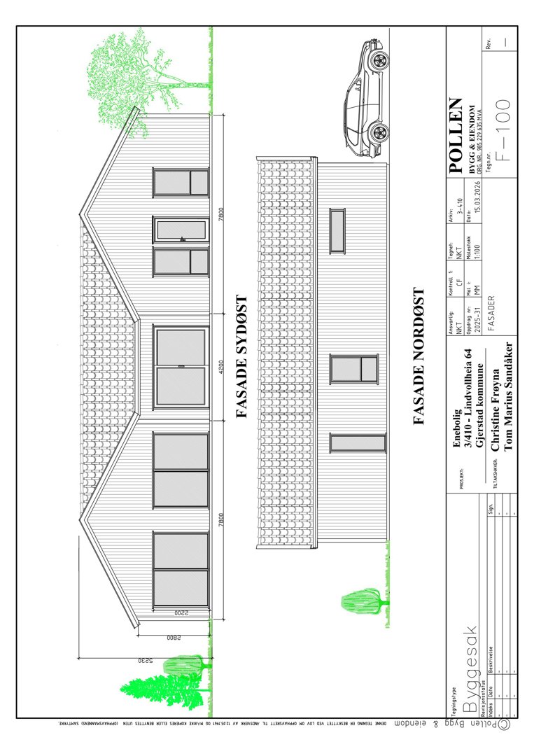 Fasadetegning (opprikk) av en enebolig sett fra nordøst og syddøst, med angitte mål og detaljer for fasadebehandling.
