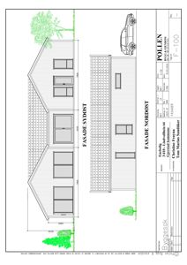Fasadetegning (opprikk) av en enebolig sett fra nordøst og syddøst, med angitte mål og detaljer for fasadebehandling.
