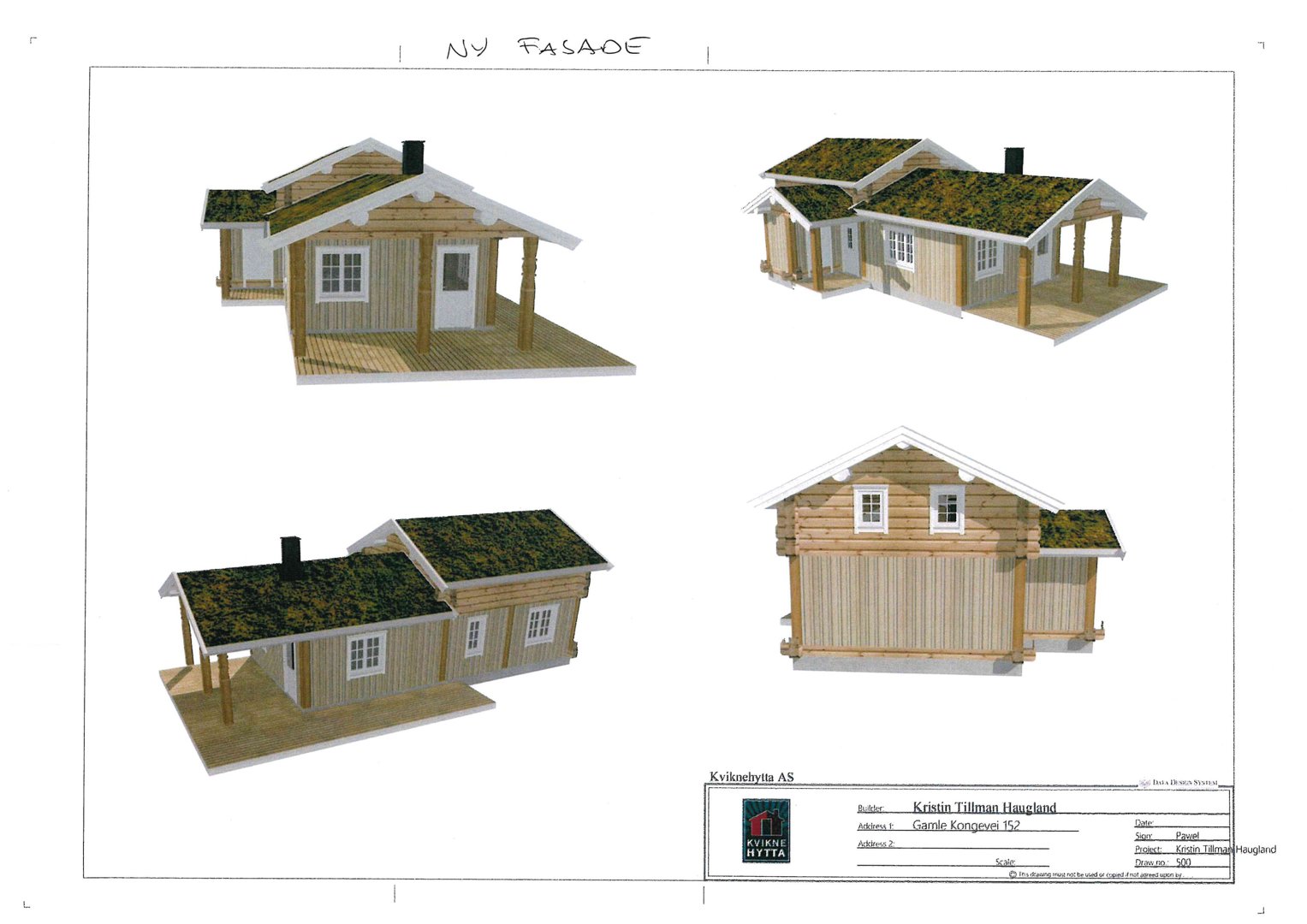 3D-visualiseringer av en hytte med tittelen 'NY FASADE'. Bildet viser fire ulike vinkler på bygningen.