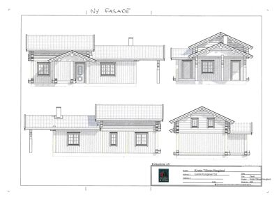 Fasadetegning som viser utsiden av en bygning fra fire ulike vinkler (for, bak, venstre og høyre side).