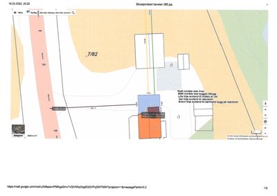 Situasjonsplan som viser tomtens beliggenhet i forhold til nabolag, vegger (Bjorøen), eksisterende og planlagt bebyggelse, samt eiendomsnummer 7/82.