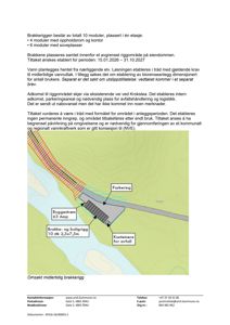 Kart som viser plassering av en midlertidig brakkerigg, inkludert byggestrøm, parkering, konteiner og vanninntak.