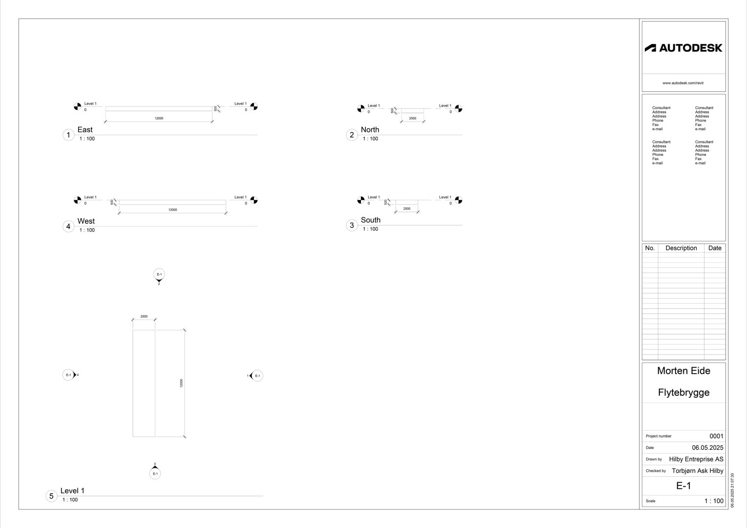 Fasadetegning som viser utsnitt av bygningens fasader (øst, vest, nord, sør) med mål og orientering.
