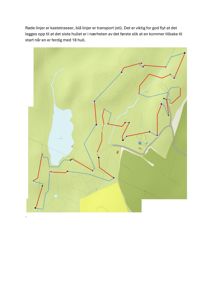Kart som viser ruter for golfbane (kastetraser og transportstier) med en beskrivende tekst øverst.