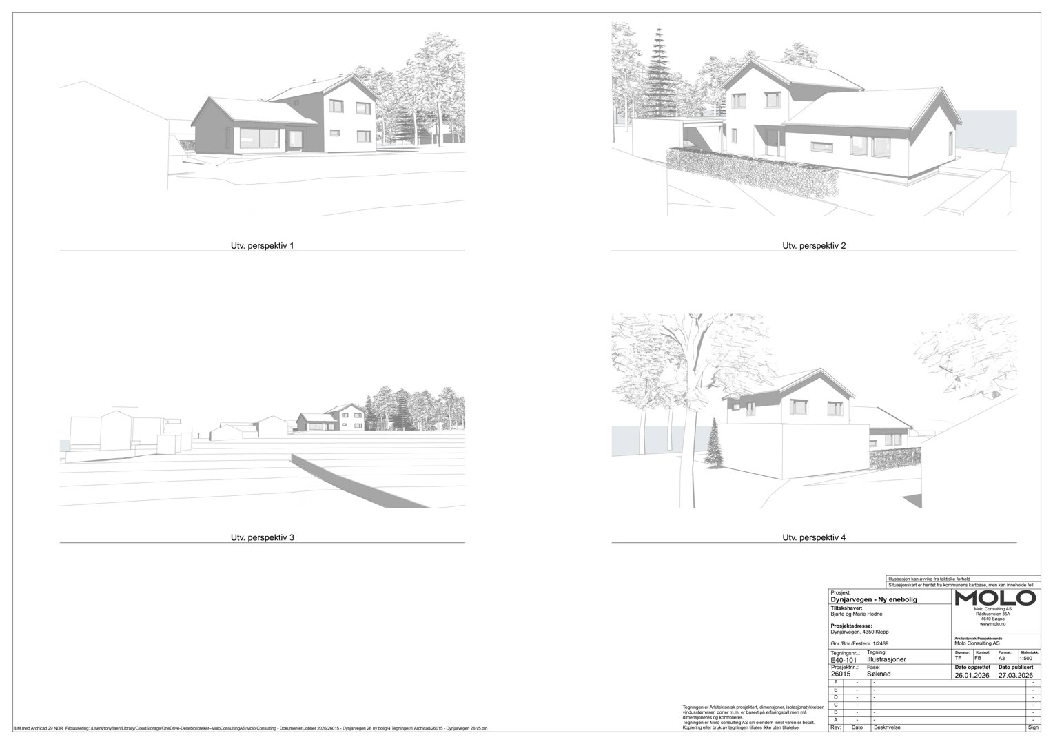 Bildet viser fire 3D-visualiseringer (perspektivtegninger) av et planlagt hus og dets omgivelser.