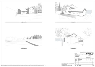 Bildet viser fire 3D-visualiseringer (perspektivtegninger) av et planlagt hus og dets omgivelser.
