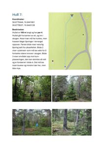 Bildet viser en side fra en byggesak som inneholder tekstbeskrivelse av et 'Hull 7' og fire fotografier av et skogområde.