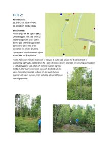 Dette bildet viser en dokumentasjonsside fra en byggesak. Den inneholder tekst om 'Hull 2' og koordinater, samt tre fotografier av et skogområde og en sti. Det er også en liten situasjonsplan eller kartutsnitt i øvre høyre hjørne.