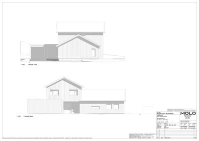 Fasadetegning som viser bygningens utseende sett fra nord og vest.