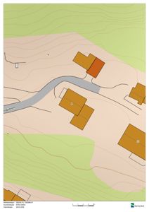 Kart over et område med flere bygninger, en vei (kalt 'gugveien') og terrenglinjer.