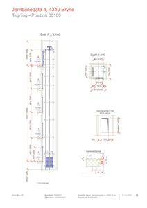 Snittegning (Snitt A-A) av en heissjakt med detaljeringsavsnitt for sjakt, døråpning og derterskel.