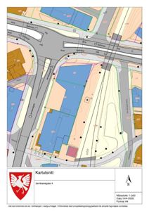 Kartutsnitt som viser tomtens beliggenhet i forhold til omgivende veier (Jernbanegata, Garborgs veg, Håkon Håkons gate) og nabolag. Tegningen inneholder også høydemålinger (konturer) og en nordpil.