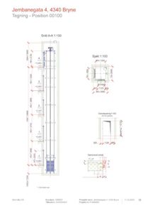 Snittegning (Snitt A-A) av en heissjakt med detaljeringsavsnitt for sjakt, døråpning og derterskel.