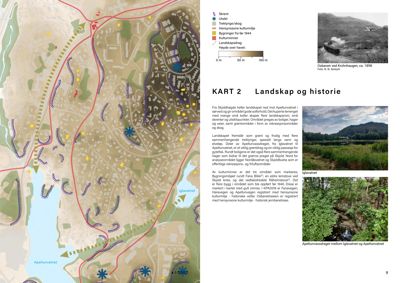Kart over et område med topografi, bebyggelse og kulturminner, inkludert en historisk foto og tekstbeskrivelse.