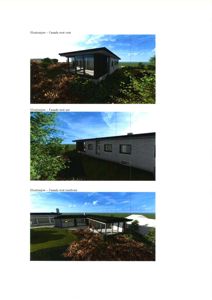 Tre 3D-visualiseringer (renderinger) av en bygning sett fra ulike vinkler (vest, sør og nordvest).