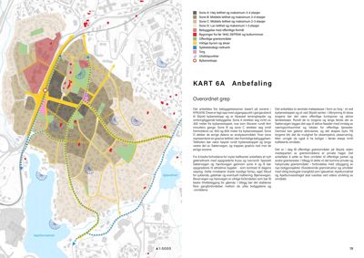 Kart med anbefalinger for bebyggelsestetthet og arealbruk i et område, inkludert toponymer og tekstbeskrivelser.